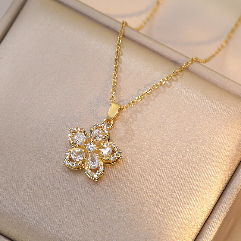 Rotatable Bauhinia Zircon Flower Design Necklace