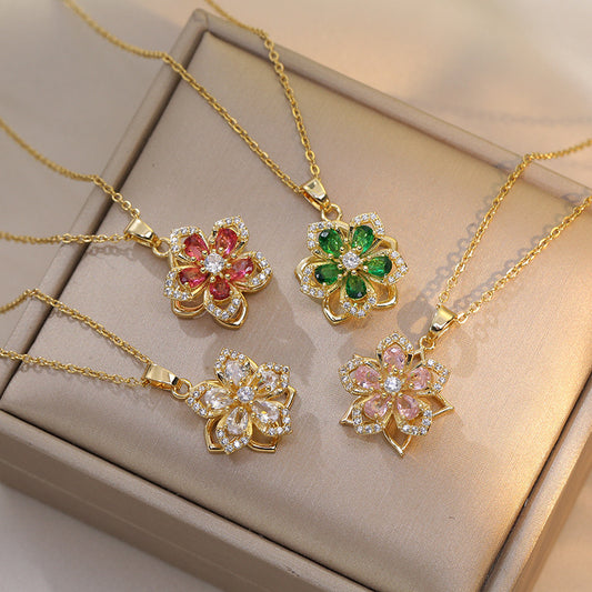 Rotatable Bauhinia Zircon Flower Design Necklace