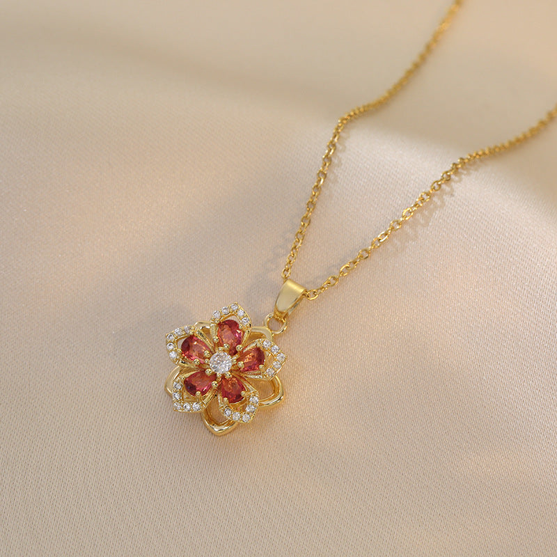 Rotatable Bauhinia Zircon Flower Design Necklace