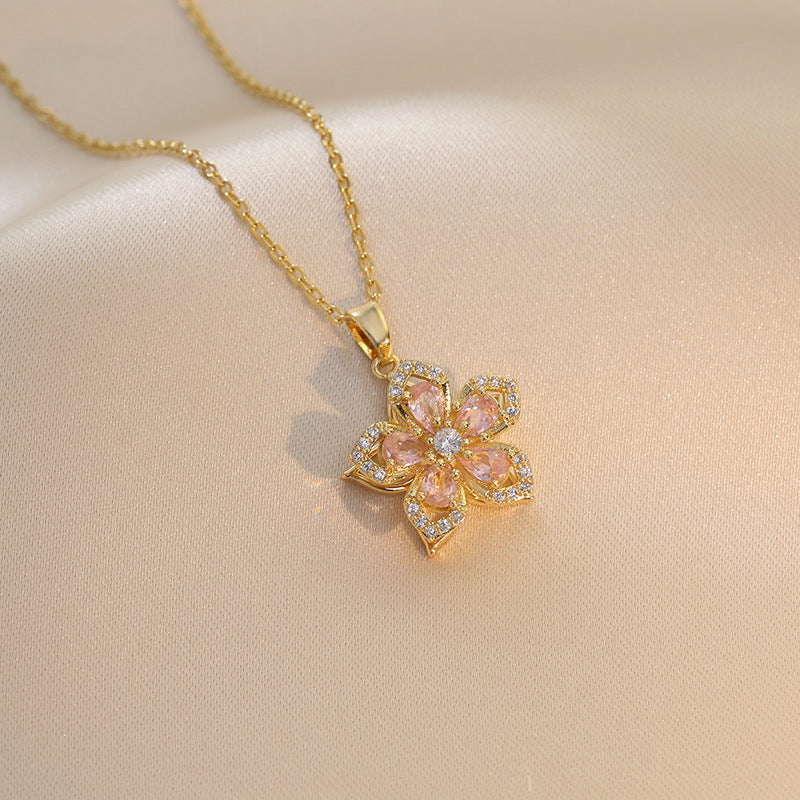 Rotatable Bauhinia Zircon Flower Design Necklace